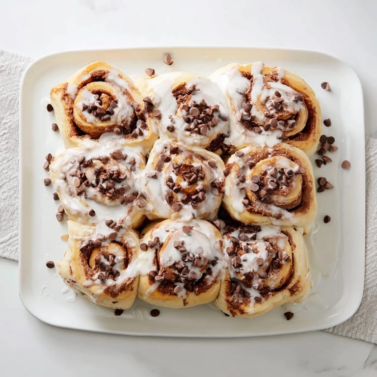 Warm Nutella chocolate chip rolls drizzled with sweet glaze, served alongside a steaming mug of coffee.