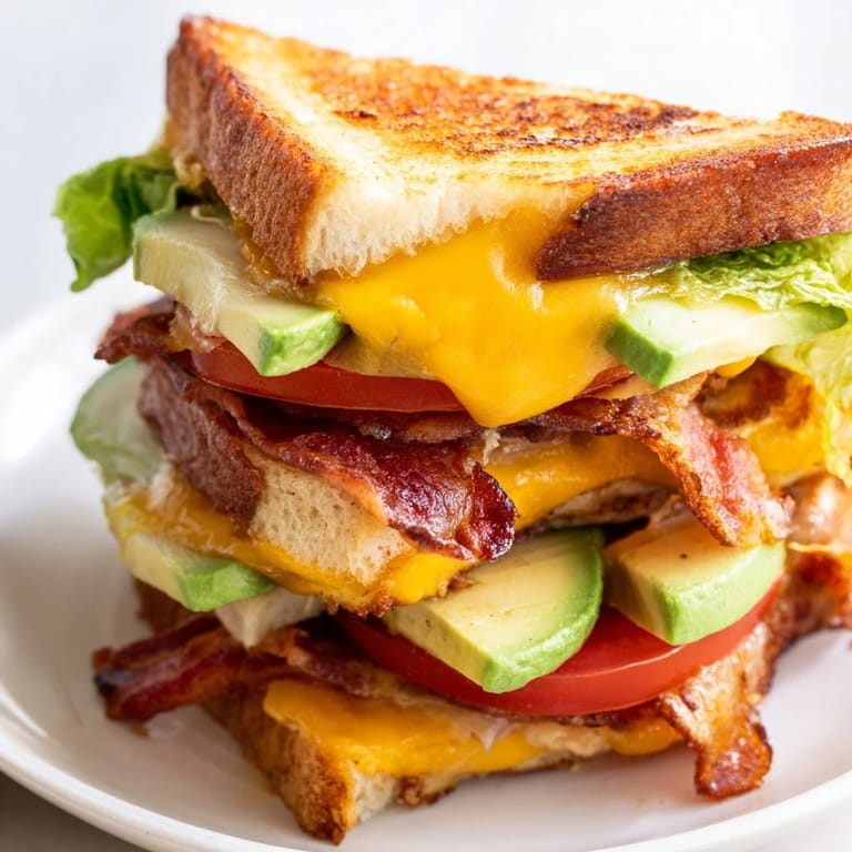 Two halves of an Avocado BLT Grilled Cheese stacked on a plate, with fresh tomato slices and lettuce peeking out.