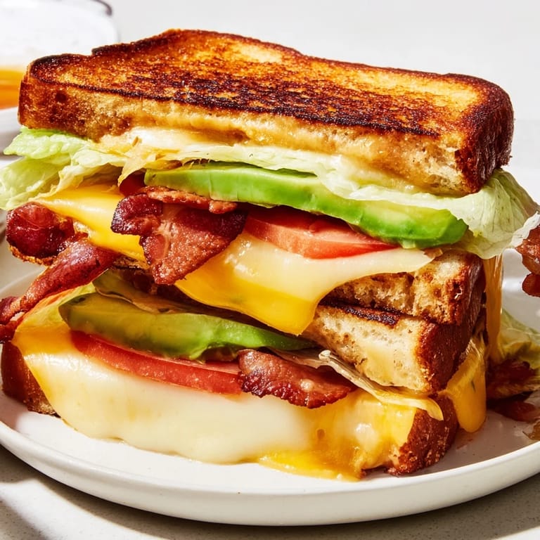 A close-up of an Avocado BLT Grilled Cheese sandwich cut in half, revealing layers of melted cheese, ripe avocado, and crunchy bacon.