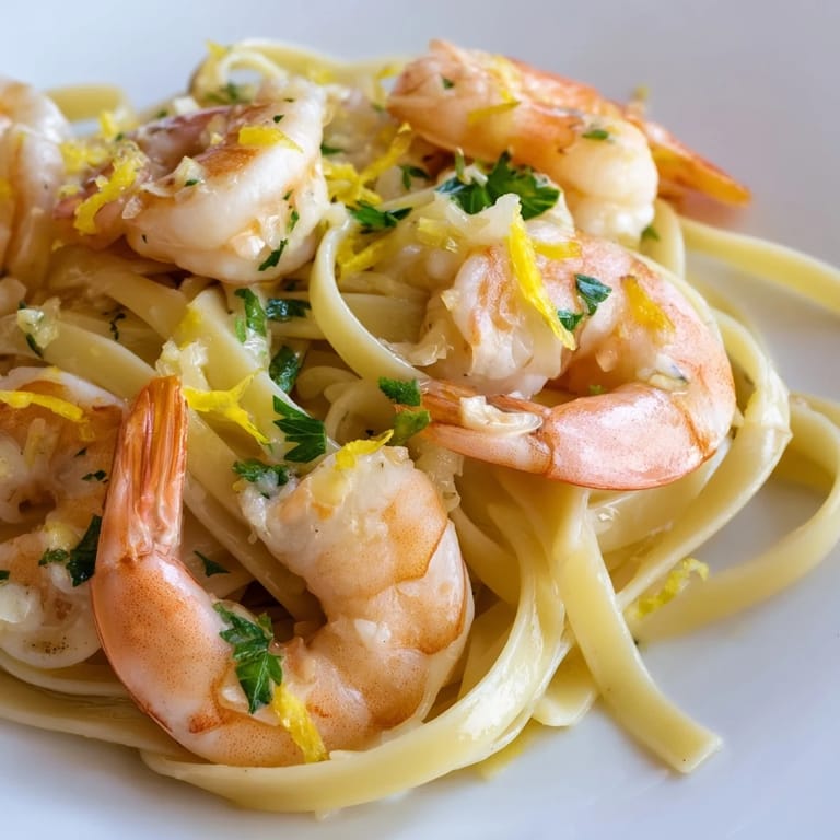 Fork-ready Garlic Butter Shrimp Linguine is plated with fresh parsley and lemon zest, alongside a glass of crisp white wine.