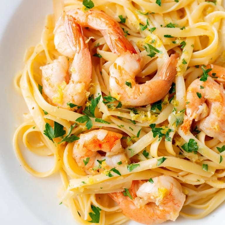 Steam rises from a skillet of Garlic Butter Shrimp Linguine, revealing garlic-infused butter clinging to the linguine and sautéed shrimp.