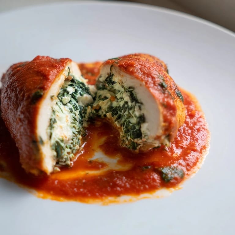 Freshly baked Spinach Ricotta Stuffed Chicken served over creamy polenta with melted Parmesan on top.