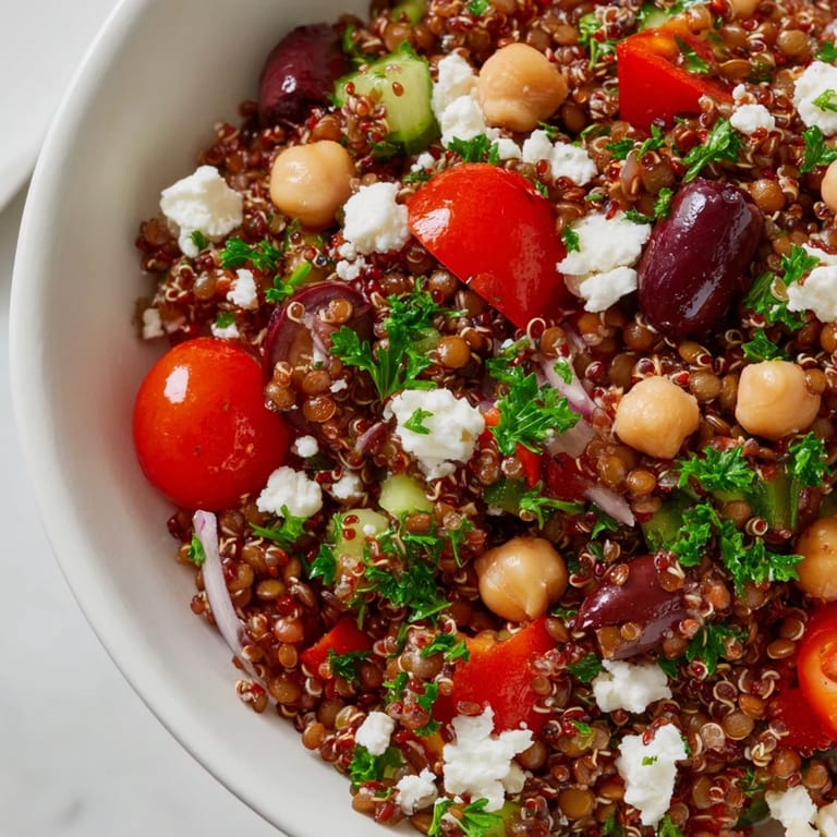 Ready-to-eat Greek Power Salad tossed with lentils, olives, and herbs, perfect for a healthy lunch or dinner.