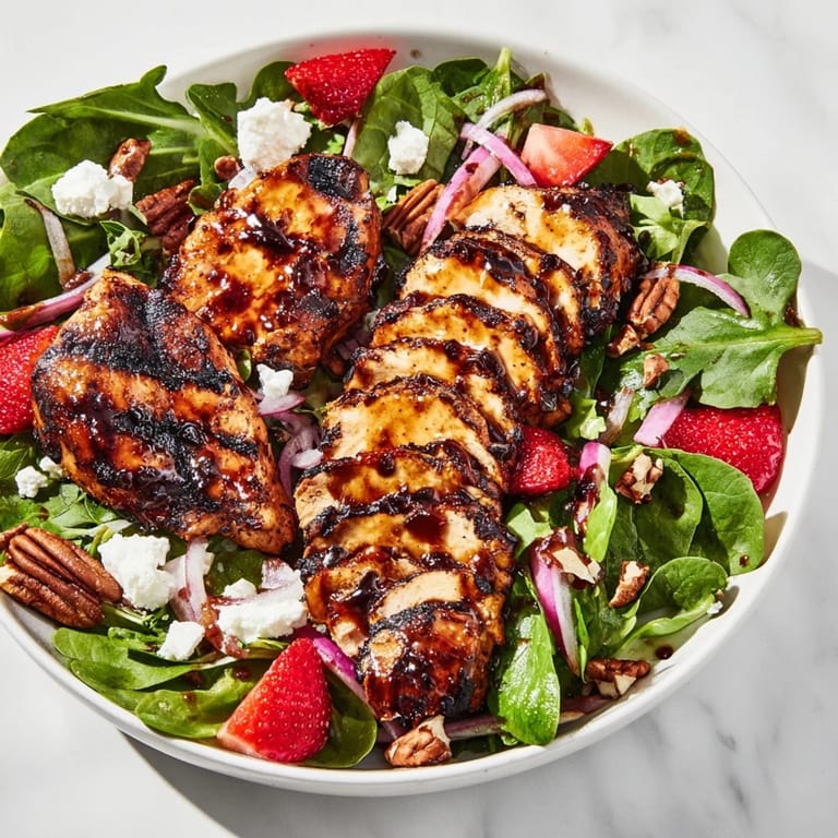 Fresh salad featuring juicy chicken, sweet berries, tangy goat cheese, and a glossy honey balsamic drizzle.  