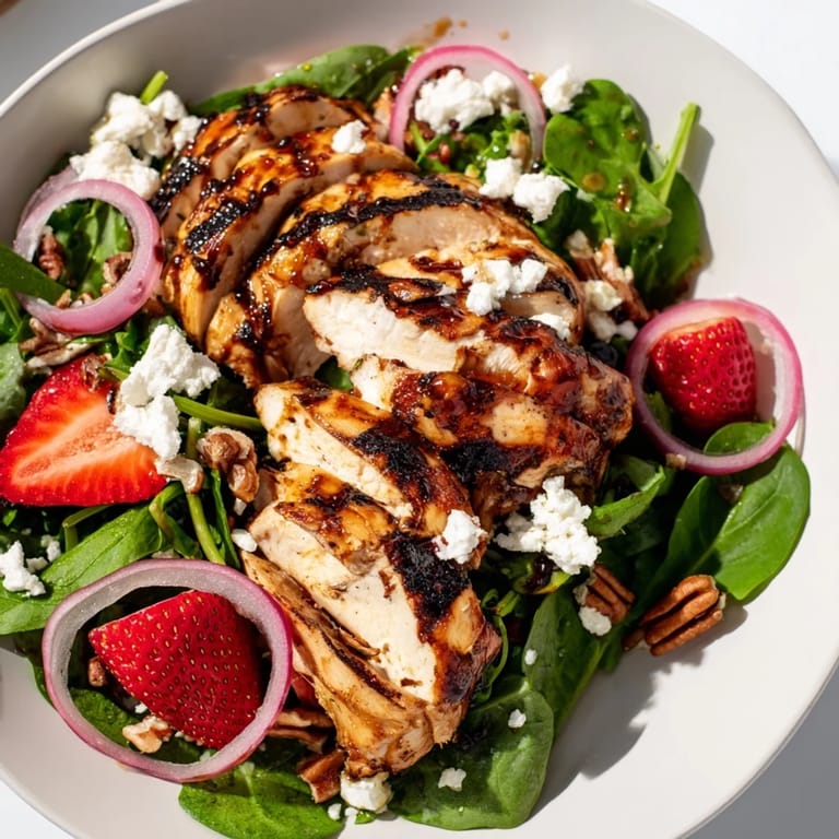 A vibrant platter of honey balsamic chicken salad with strawberries, red onion, and toasted pecans.