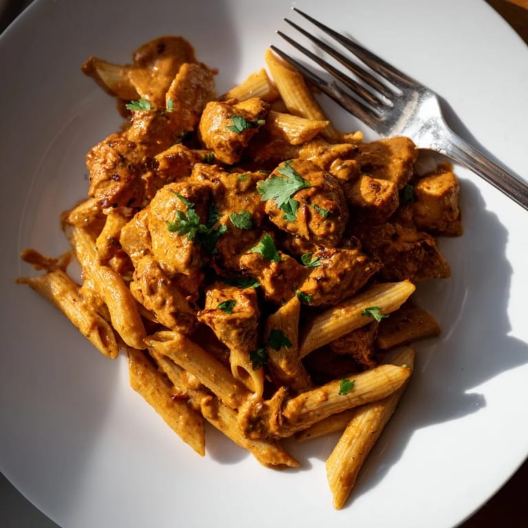 Freshly cooked Chicken Tikka Pasta in a ceramic bowl, featuring tender chicken and a rich, creamy tomato sauce, ready to serve.