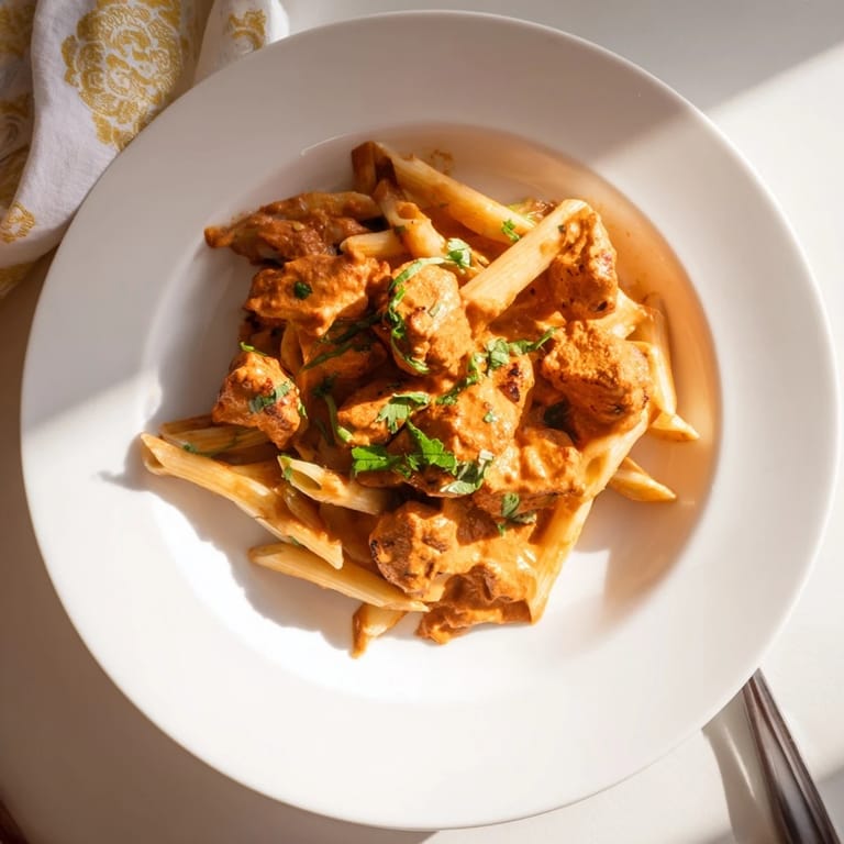 A close-up of Chicken Tikka Pasta, highlighting the vibrant red sauce, perfectly coated penne, and succulent chicken tikka chunks, garnished with cilantro.