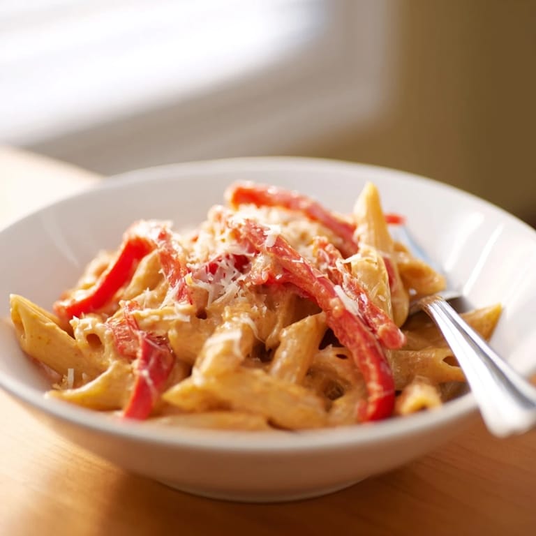 Close-up of Creamy Cajun pasta tossed in a velvety sauce, featuring roasted bell peppers and herbs, perfect with a crisp Sauvignon Blanc pairing.