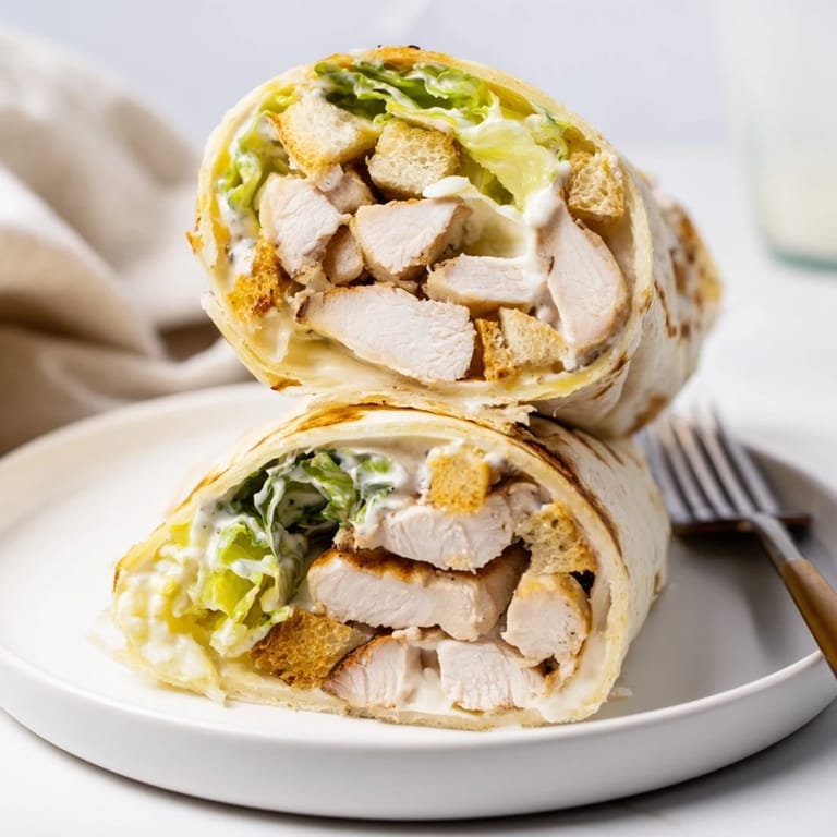 A handheld Caesar Chicken Salad Wrap, halved to show juicy grilled chicken, shredded parmesan, and crunchy croutons beside a tangy Caesar dressing.  