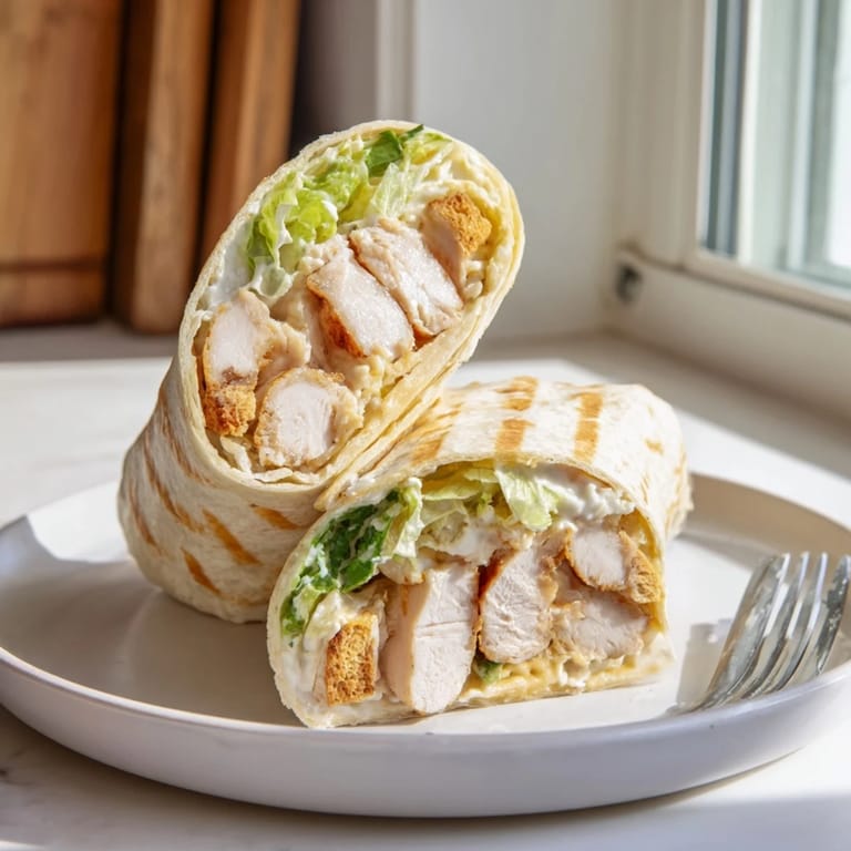 A neatly rolled Caesar Chicken Salad Wrap on a rustic plate, garnished with fresh romaine and shaved parmesan, ready for a quick lunch.