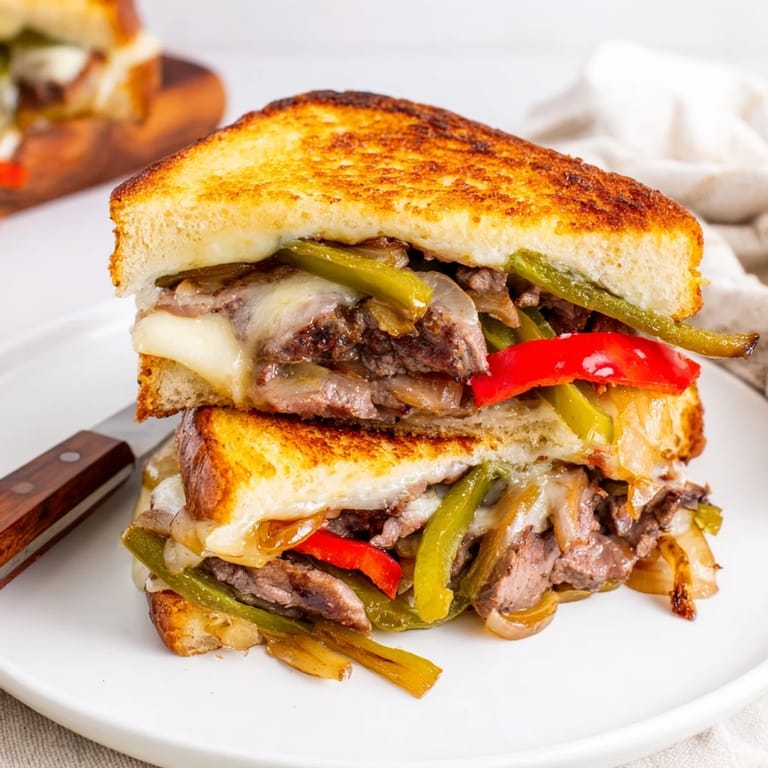 Stacked Philly Cheesesteak Grilled Cheese halves reveal juicy ribeye steak and sautéed veggies inside.