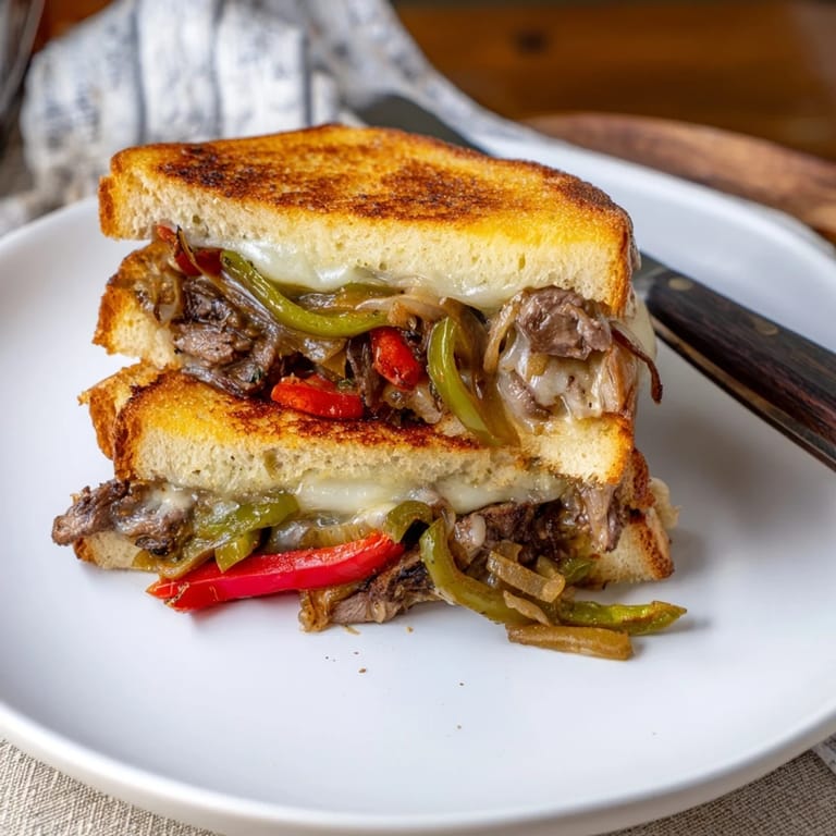 A close-up of a buttery Philly Cheesesteak Grilled Cheese, showing provolone stretching between toasted bread.  
