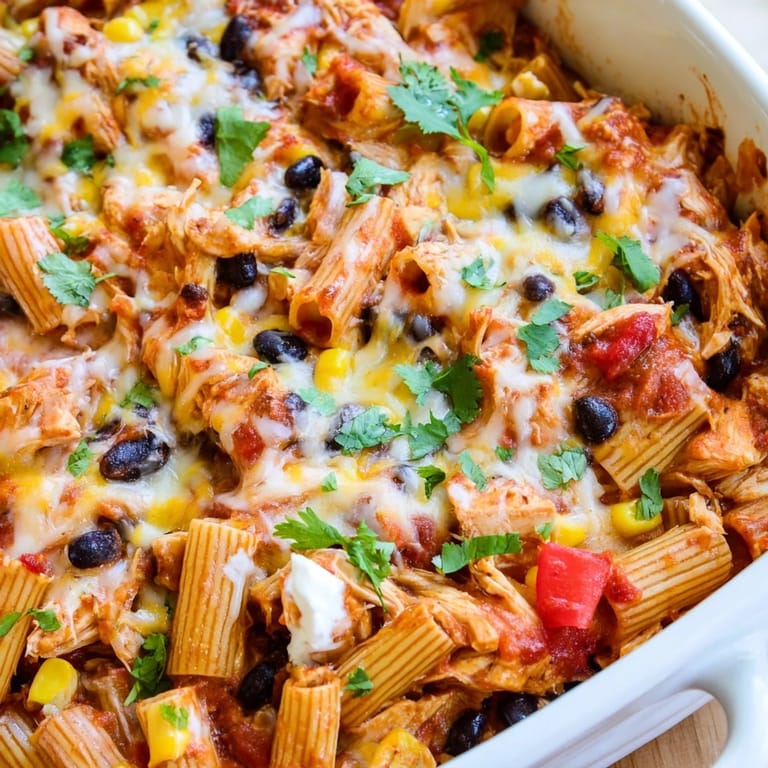 Fresh cilantro and lime wedges garnish the hearty Tex-Mex pasta bake served in a ceramic dish.