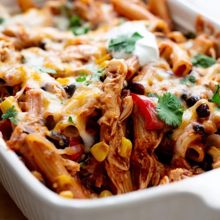 A spoonful of Chicken Burrito Pasta Bake showcases tender chicken, red bell peppers, and spicy salsa filling.