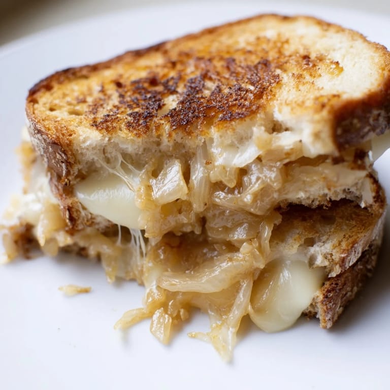 Two halves of a Caramelized Onion & Gruyère Grilled Cheese stacked on a rustic wooden board.