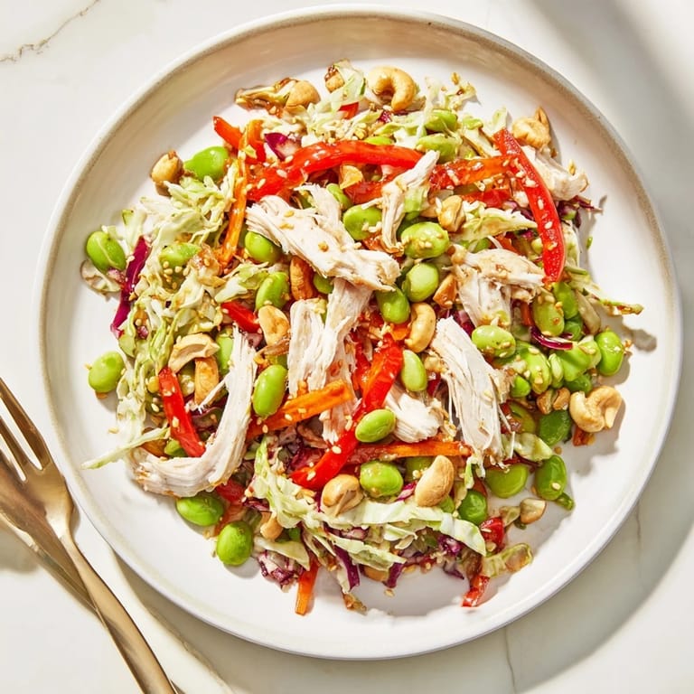 Appetizing close-up of Edamame Crunch Chicken Salad tossed in a glossy ginger dressing, highlighting crisp textures perfect for a light lunch.