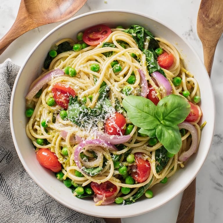 A steaming pot of Spring Veggie One-Pot Spaghetti, showcasing al dente pasta and colorful vegetables in a light savory broth.