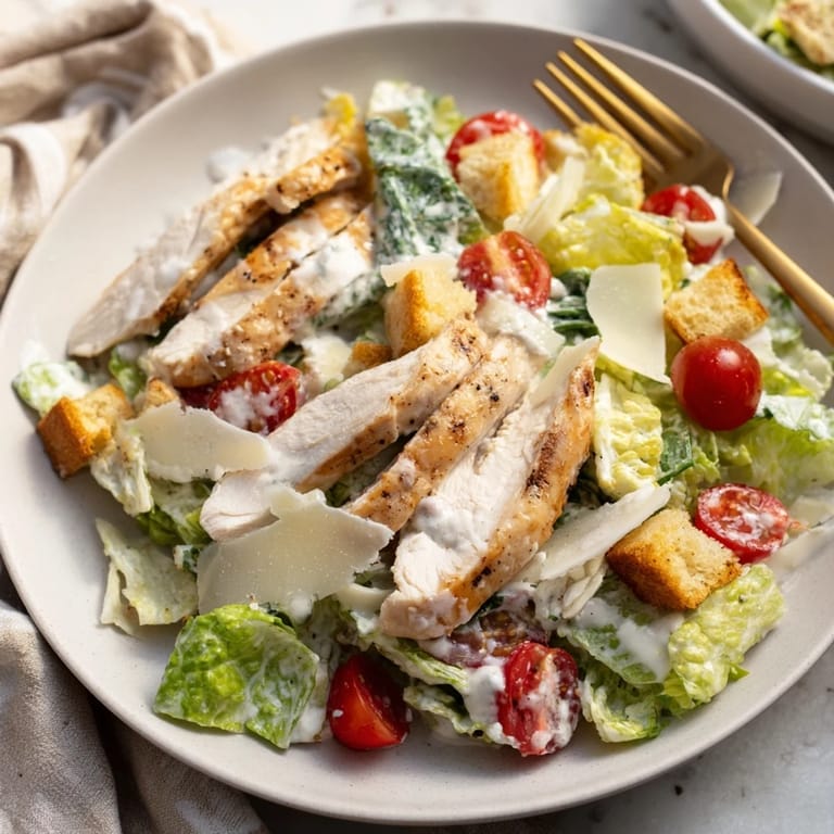 This easy high-protein main dish features creamy Greek yogurt Caesar dressing and shaved Parmesan for a refreshing American classic.