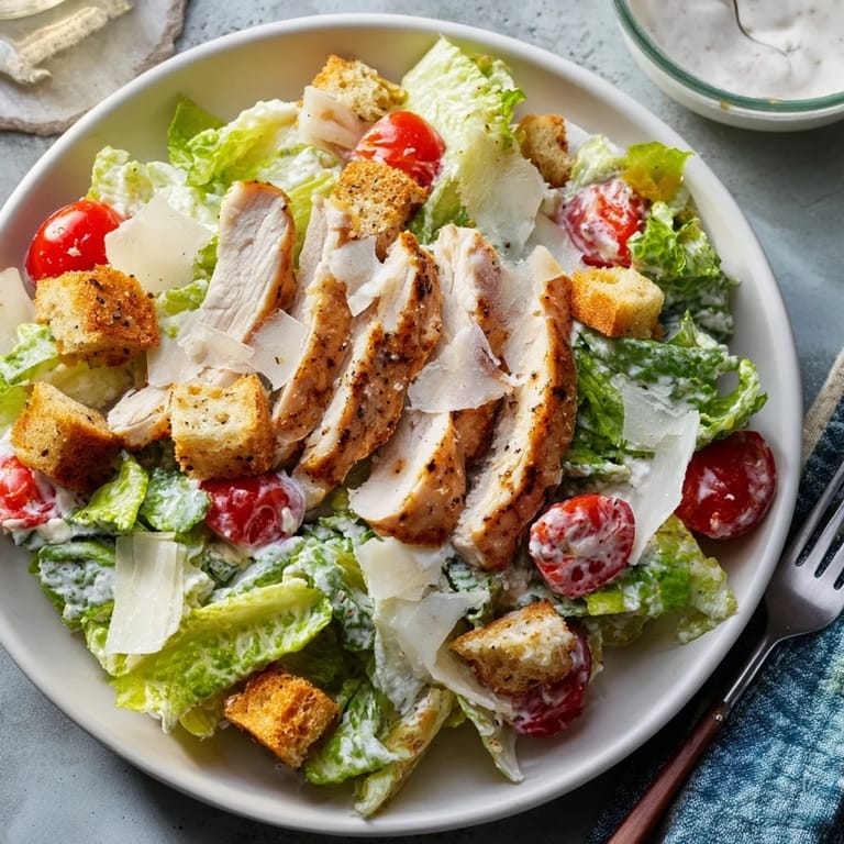Sliced grilled chicken rests on a bed of romaine with croutons and cherry tomatoes, drizzled with tangy yogurt dressing.