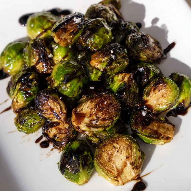 Golden-brown Roasted Brussels Sprouts with Balsamic are served warm as a savory-sweet side dish for dinner.