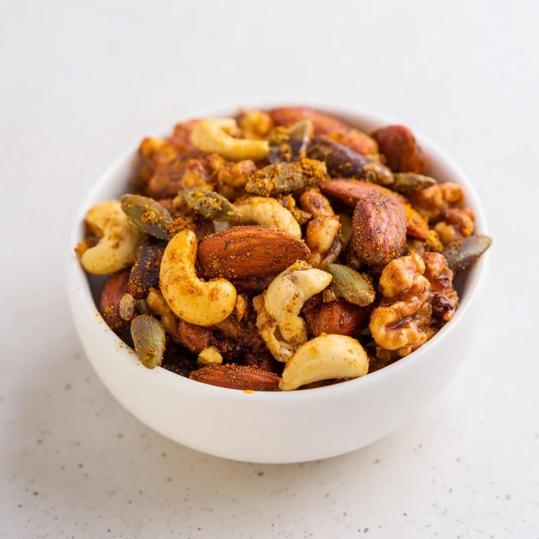 Roasted Spiced Nuts and Seeds Mix spilling from a glass jar, with a small bowl for snacking nearby.
