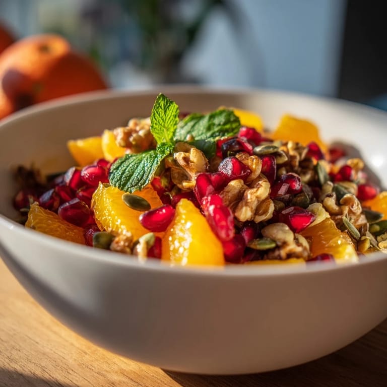 Bright and fresh, the Pomegranate and Walnut Salad features diced apples, pear segments, and a sprinkle of mint garnish.
