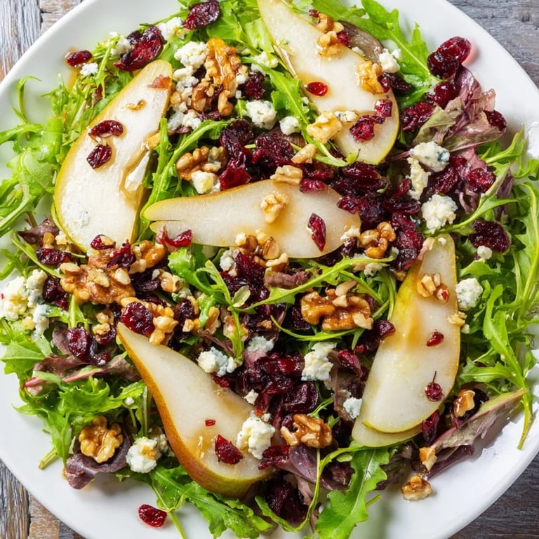 Freshly tossed Pear Gorgonzola Salad drizzled with honey-balsamic dressing, featuring ripe pears and crunchy walnuts on a bed of greens.