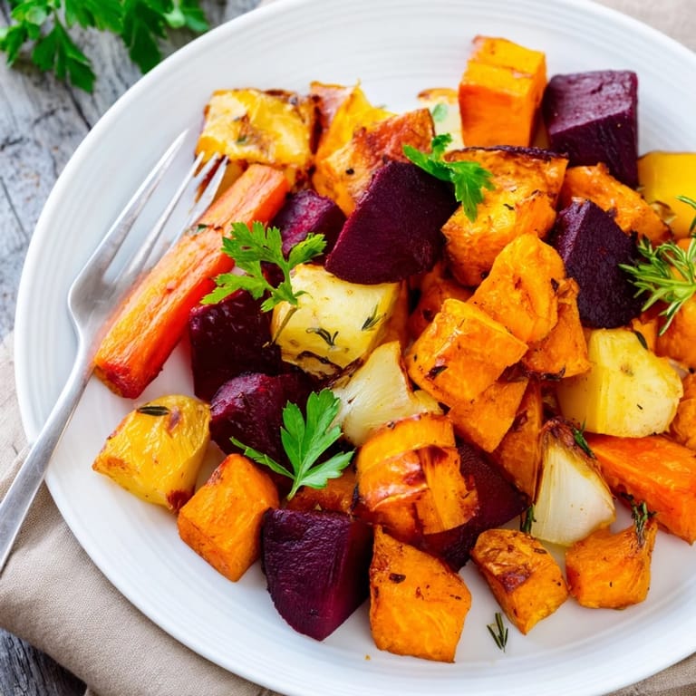 A vibrant vegetarian roasted root vegetable medley, garnished with parsley, offers caramelized edges and tender bites on a plate.