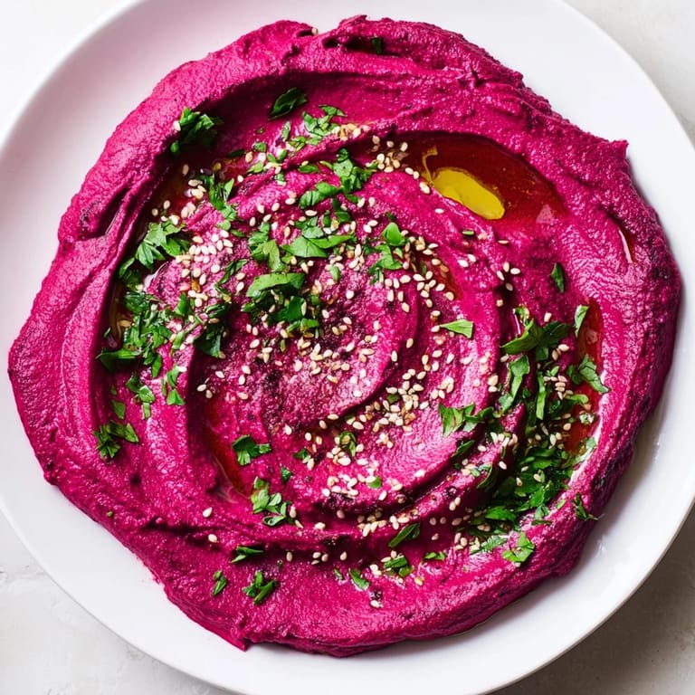 Vibrant, creamy roasted beet hummus in a white dish with a spoon, ready for serving as a healthy gluten-free appetizer.