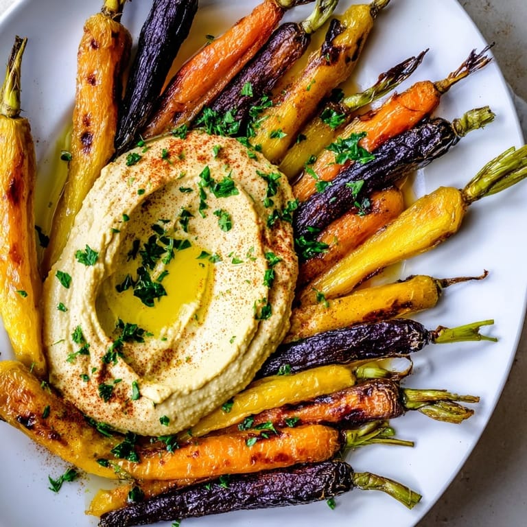 Golden roasted rainbow carrots alongside a bowl of tahini-rich hummus, ideal for Mediterranean-inspired entertaining.