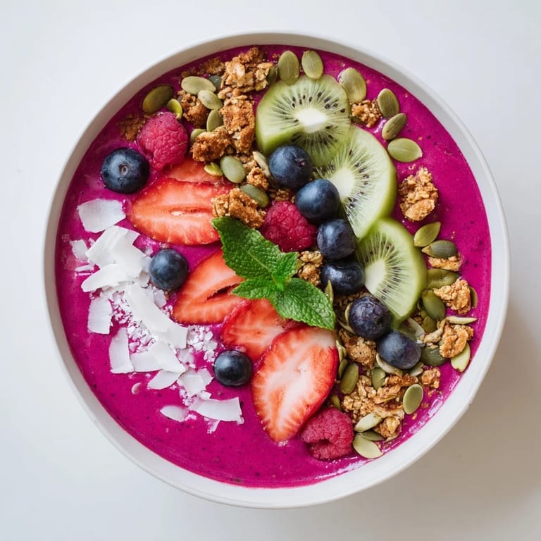 Thick purple smoothie bowl with sliced kiwi, berries, and crunchy granola for a healthy snack.