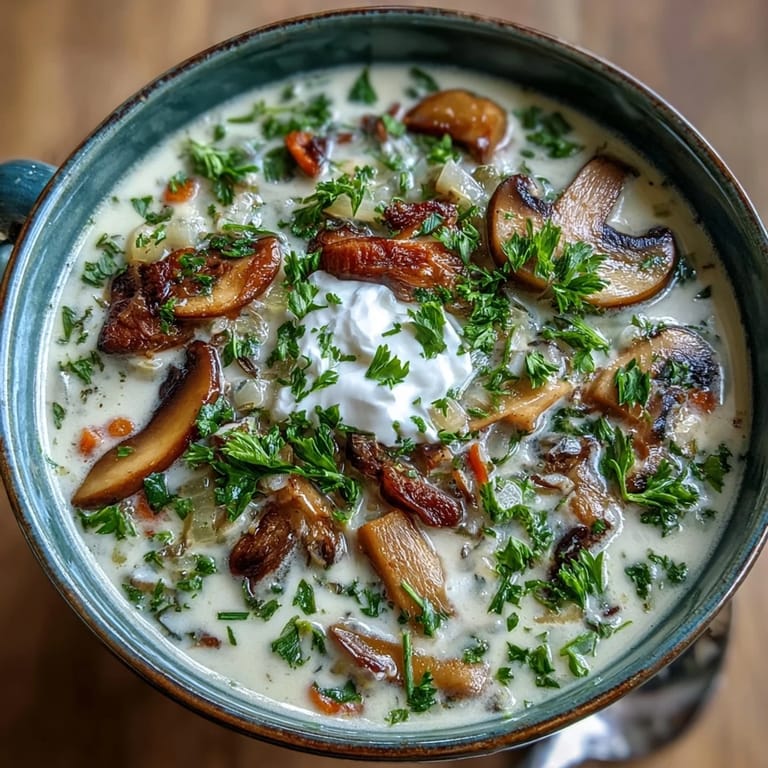 Golden mushrooms and fresh herbs simmer in Creamy Mushroom Stroganoff Soup, garnished with extra sour cream and parsley, ready to serve hot.