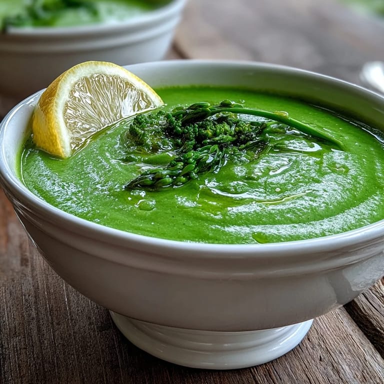 Close-up of velvety Big Green Immunity-Boosting Vegetable Soup highlighting vibrant spinach, broccoli, and tender asparagus in a ceramic mug.