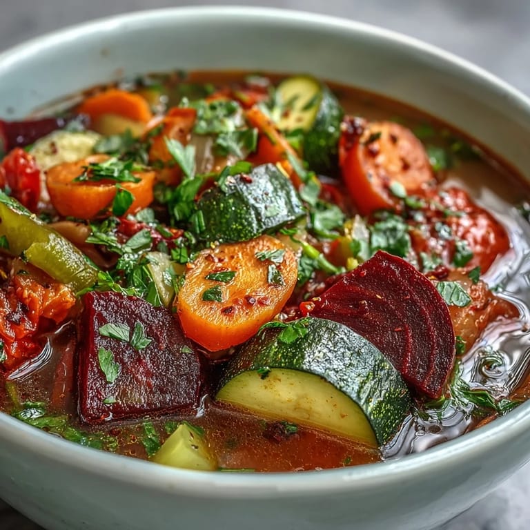 This nourishing Rainbow Vegetable Detox Soup features a rich red broth packed with diced carrots, zucchini, and bell peppers. A lemon wedge and herbs sit alongside.