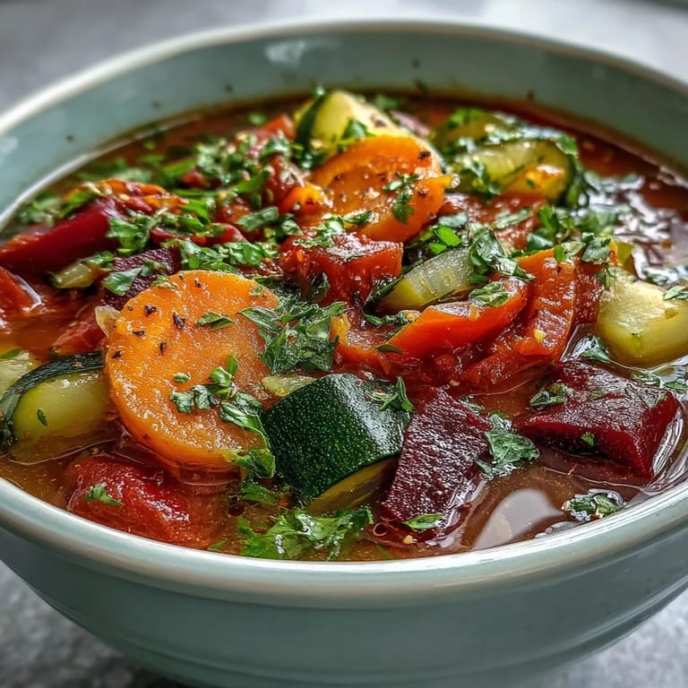 A close-up view shows a hearty ladle of Rainbow Vegetable Detox Soup, revealing tender chunks of beetroot and tomatoes in a golden broth, steaming appetizingly.
