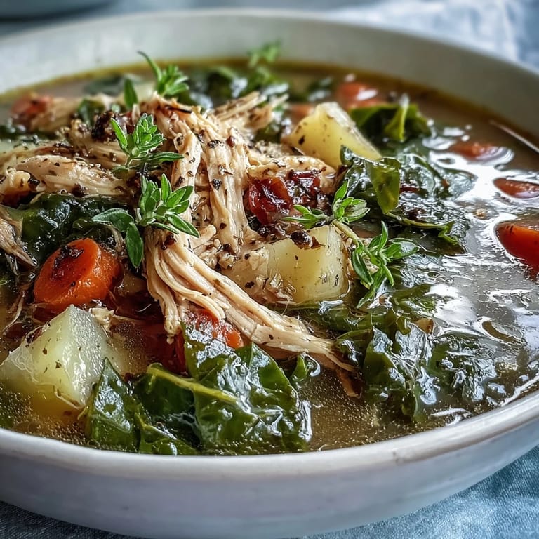 Hearty Collard Greens, Chicken and Vegetable Soup served in a rustic mug with a fresh herb garnish.
