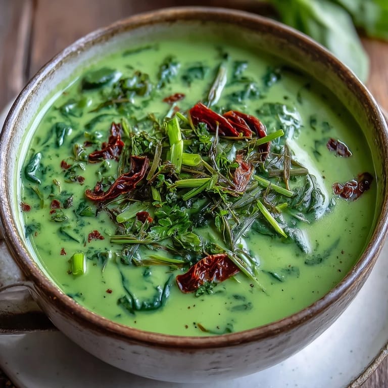 Bowl of Spinach Coriander Lemongrass Soup topped with cilantro and chili, served alongside warm crusty bread.