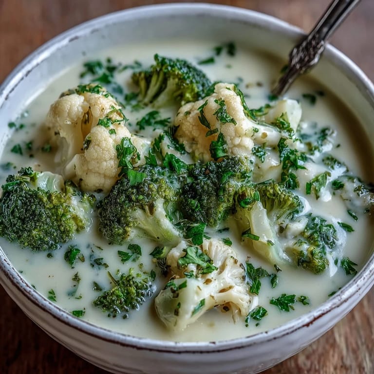 Creamy Vegetable Soup blended smooth, loaded with carrots, broccoli, and cauliflower in a creamy white soup ready to serve.