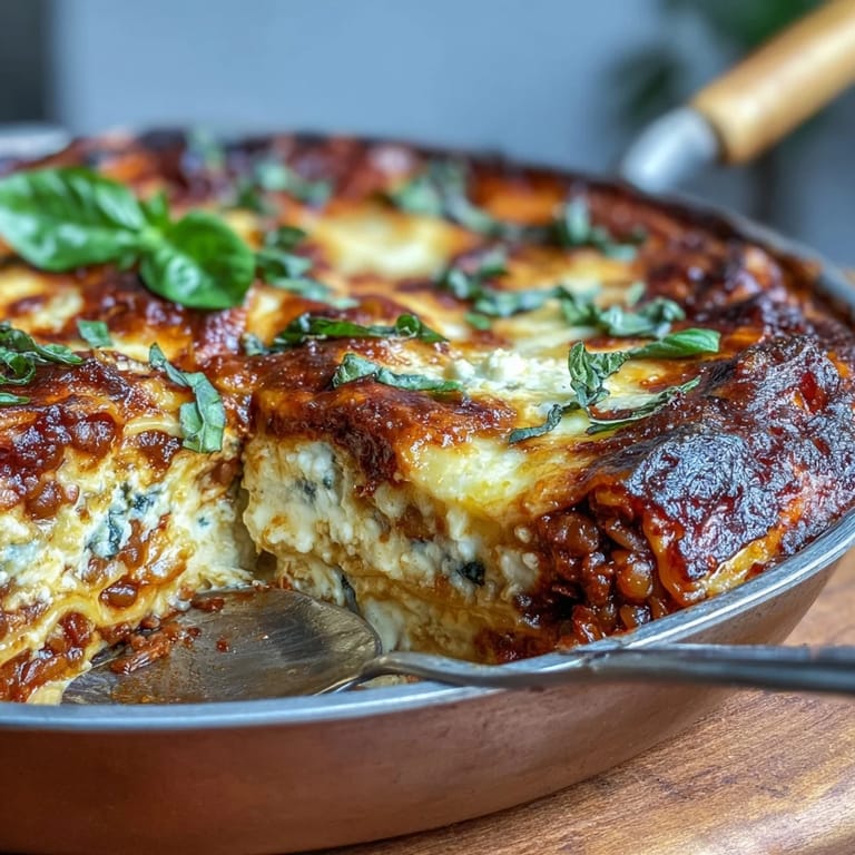 Sliced One-Pan Smoky Veggie Lentil Lasagne served with a crisp green salad and crusty bread.