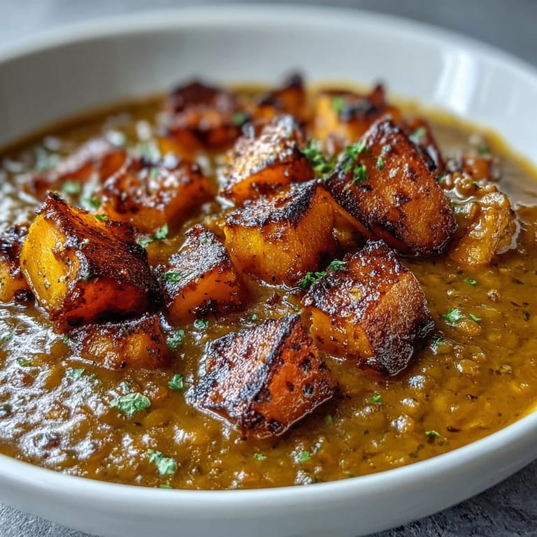 Vibrant bowl of homemade butternut squash and lentil soup served with warm crusty bread for dipping.