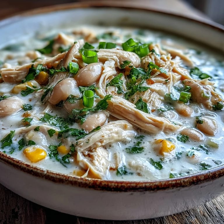 Ladle of savory White Chicken Chili with cream cheese, jalapeños, and corn, paired with tortilla chips for dipping.