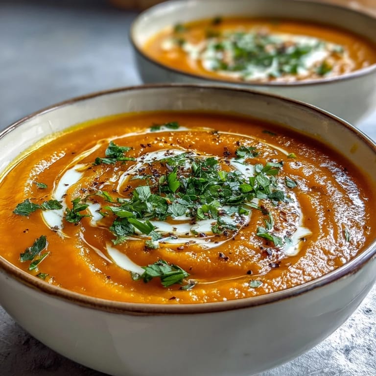 Vibrant orange soup with smooth texture, featuring sweet carrots and earthy celeriac, garnished with green parsley on a wooden table.