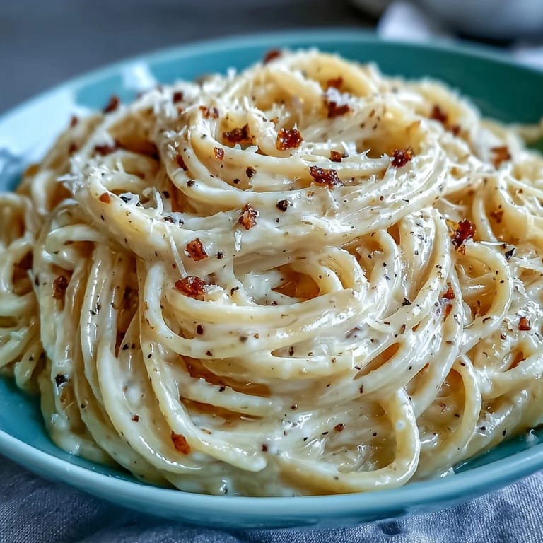 Cacio e Pepe plated on a rustic table, highlighting al dente pasta tangled in a glossy, peppery cheese sauce.
