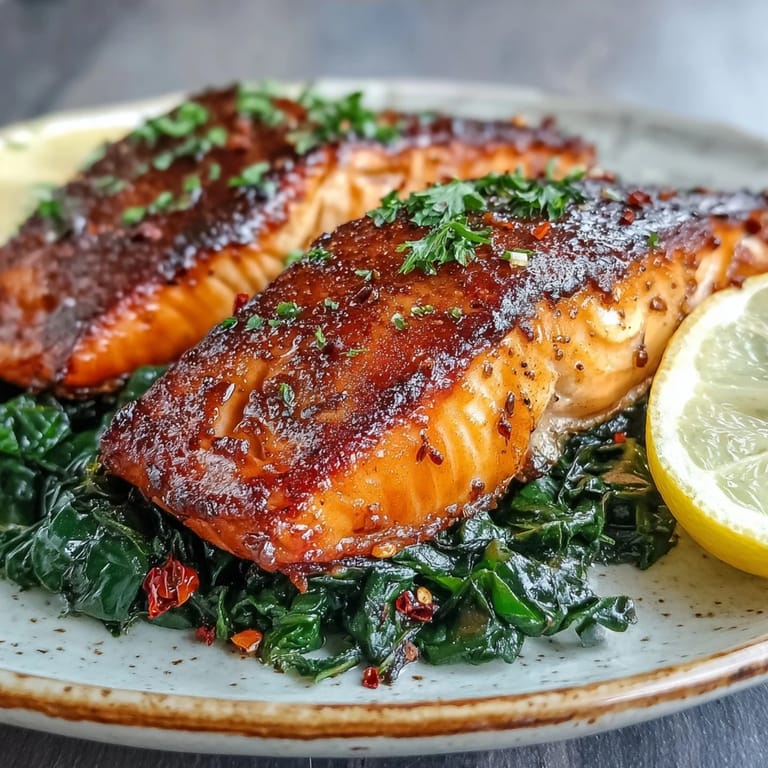 A perfectly cooked Air Fryer Salmon fillet shows flaky pink flesh and crisp skin beside sautéed greens.