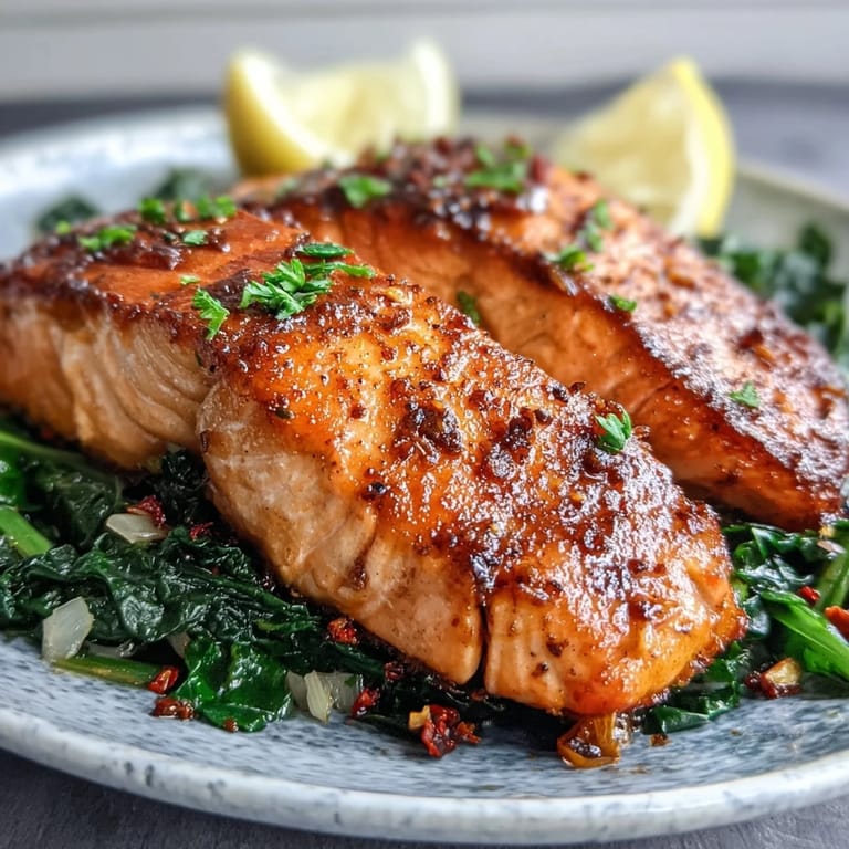 Close-up of juicy Air Fryer Salmon with extra-crisp skin, served over vibrant Swiss chard with garlic.