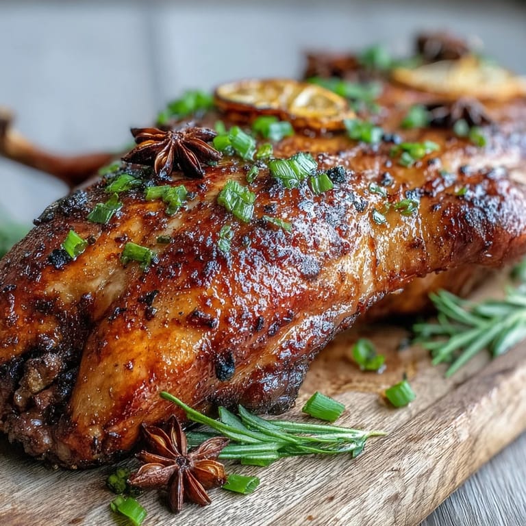 Sliced Five-Spice Roast Ducks revealing tender, aromatic meat on a rustic wooden serving board for two.