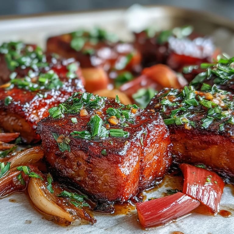 Golden-brown pork and bright pink rhubarb combine in this Pork and Aromatic Rhubarb Traybake, garnished with fresh parsley on a serving platter.