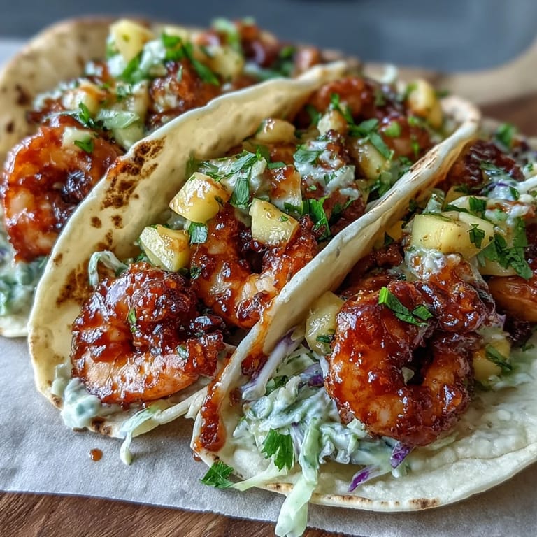 Spicy and sweet sriracha shrimp tacos filled with mango salsa and crisp cabbage, served on a rustic table.