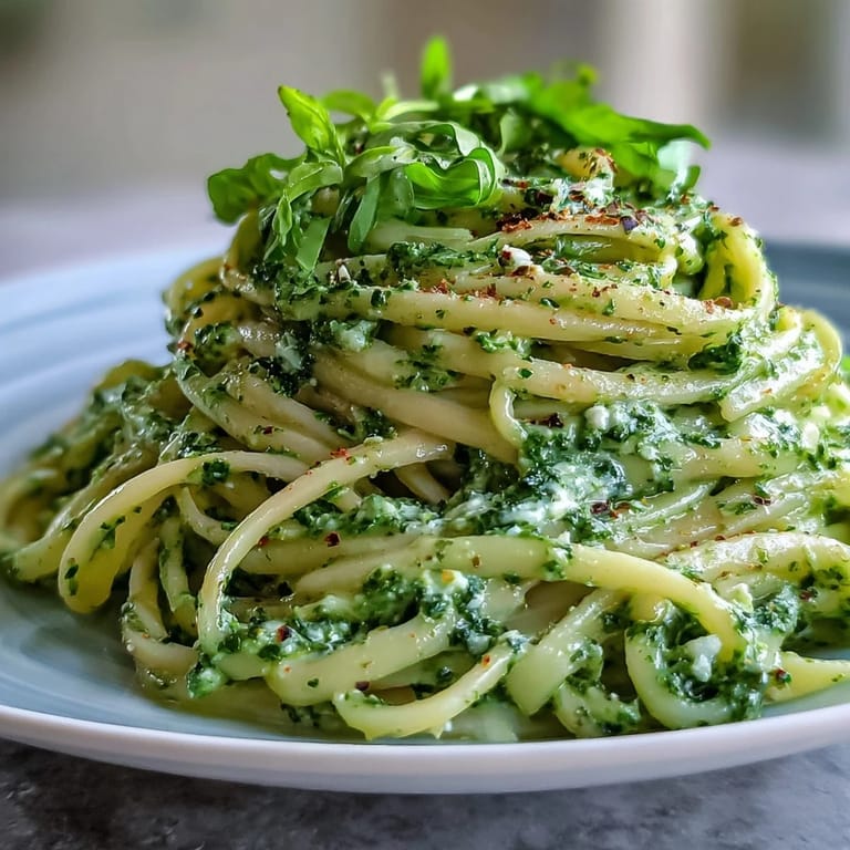 Steaming Linguine with Arugula Pesto served in a white ceramic bowl, topped with extra arugula and freshly grated Parmesan, ready to be enjoyed.