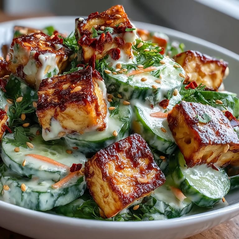 A vibrant, protein-packed Creamy Asian Cucumber Salad with Crispy Tofu ready to serve.